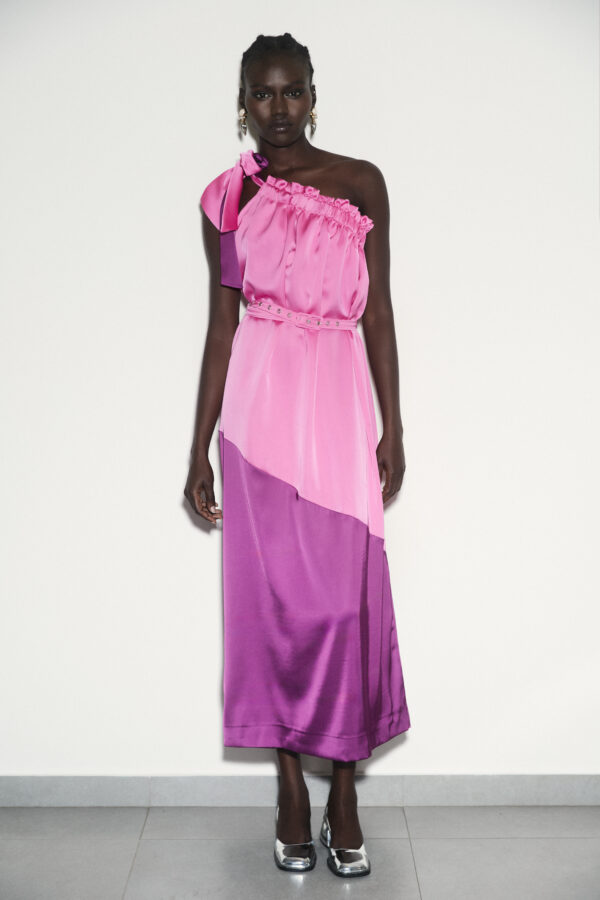 Off-shoulder tie two-tone satin dress