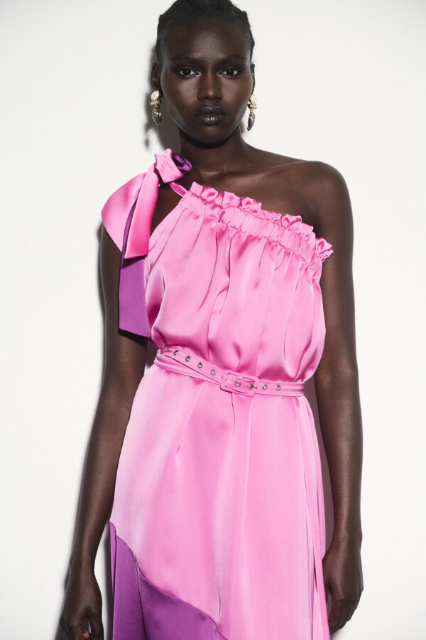 Off-shoulder tie two-tone satin dress - Image 4