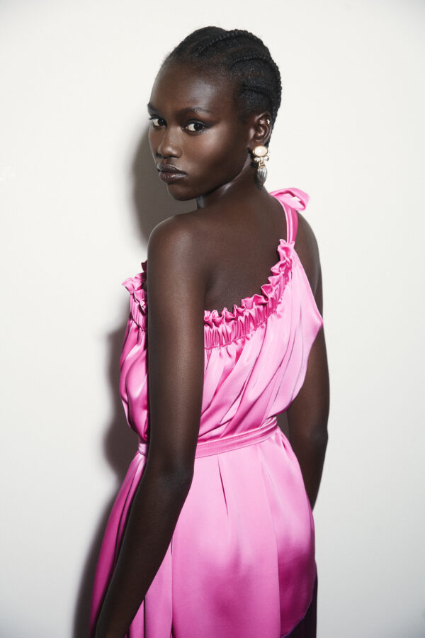 Off-shoulder tie two-tone satin dress - Image 2